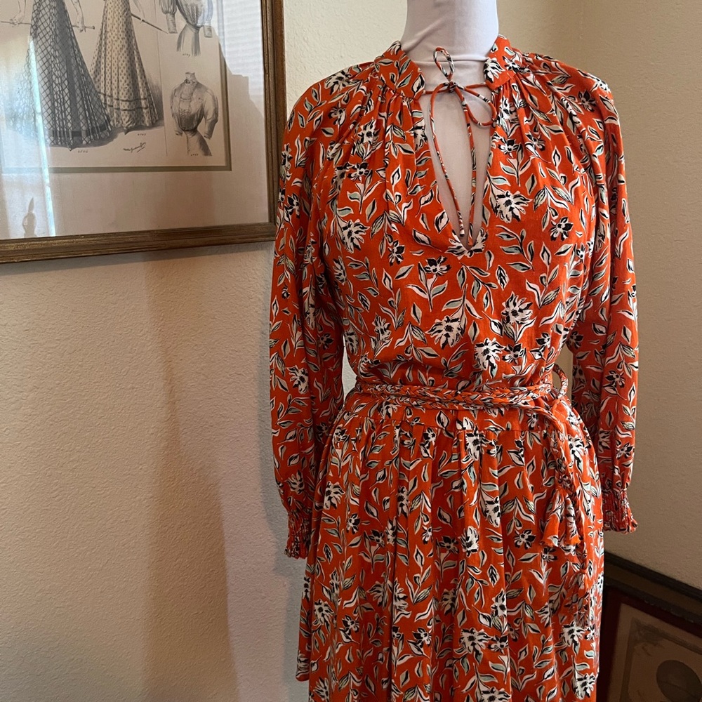 Alice + Olivia Orange Wrap Midi Linen Print Dress S Size 6 - Picture 2 of 5